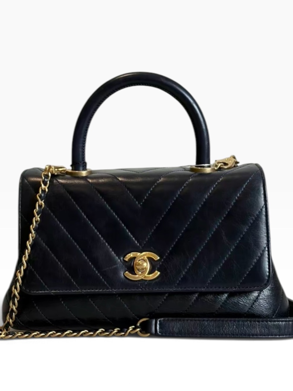 CHANEL CC NAVY TOP HANDLE CALFSKIN SHOULDER FLAP BAG